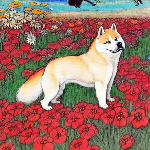 Image similar to a red akita inu wearing a kimono, in a field of flowers, painting in the style of warwick goble, highly detailed