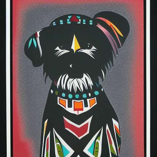 Image similar to tlingit haida lithograph, portrait of havanese dog, simplified forms, multiple colors, print by tristan - wolf reg davidson clifton guthrie maynard johnny jr.