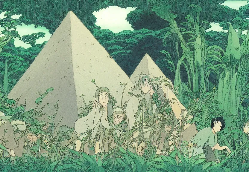 Image similar to a movie still from a studio ghibli film showing several large white pyramids in a swampy jungle. by studio ghibli, rebecca guay, michael kaluta, charles vess