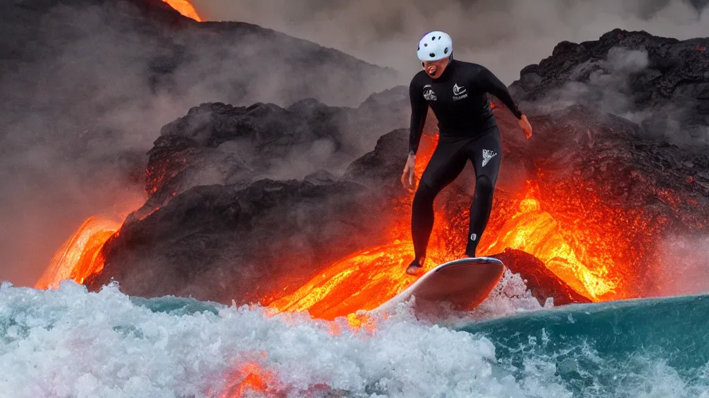 Image similar to person wearing a sponsored team jersey with logos surfing down a river of lava on the side of a volcano on surfboard, action shot, dystopian, thick black smoke and fire, sharp focus