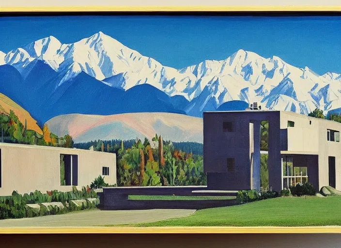 Image similar to painting of a corbusier house in in front of beautiful mountains by wayne thiebaud