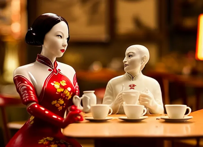 Prompt: movie still of a beautiful woman made out of porcelain sitting at a table in a cafe, wearing a red cheongsam, smooth white skin, creepy, single tea cup in foreground, directed by Guillermo Del Toro