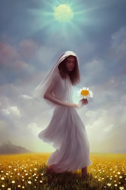 Image similar to giant white daisy flowers as face veil, girl walking in a flower field, surreal photography, sunrise, dramatic light, impressionist painting, colorful clouds, digital painting, artstation, simon stalenhag