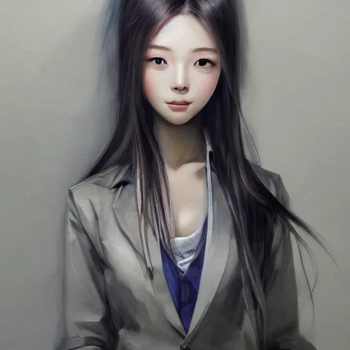 Image similar to dynamic composition, motion, ultra-detailed, incredibly detailed, a lot of details, amazing fine details and brush strokes, colorful and grayish palette, smooth, HD semirealistic anime CG concept art digital painting, watercolor oil painting of a young office lady, by a Chinese artist at ArtStation, by Huang Guangjian, Fenghua Zhong, Ruan Jia, Xin Jin and Wei Chang. Realistic artwork of a Chinese videogame, gradients, gentle an harmonic grayish colors.