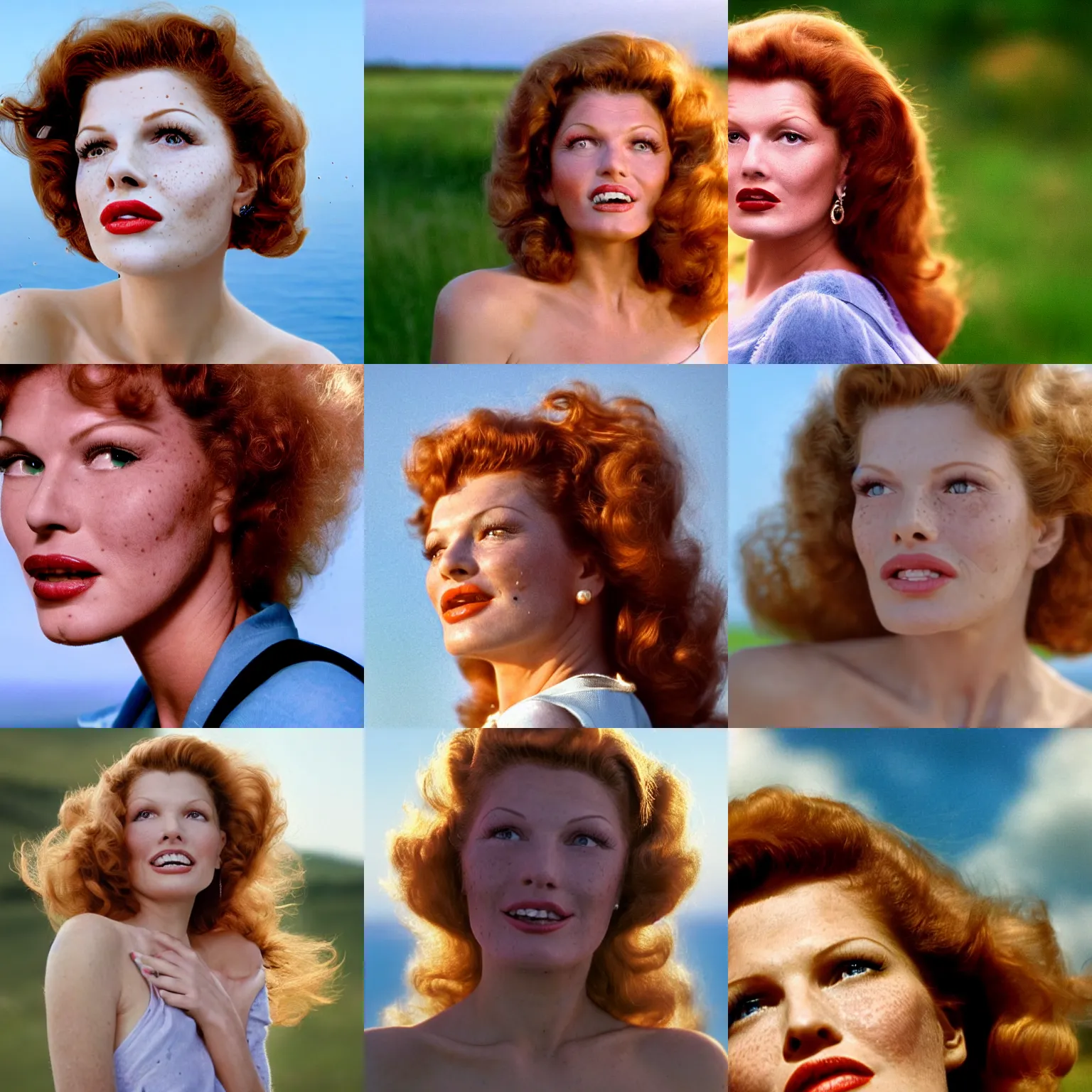 Prompt: natural 8 k close up shot from a 2 0 0 5 romantic comedy by sam mendes of rita hayworth with freckles, natural skin and beauty spots. she stands and looks on the horizon with winds moving her hair. fuzzy blue sky in the background. no make - up, no lipstick, small details, wrinkles, natural lighting, 8 5 mm lenses, sharp focus