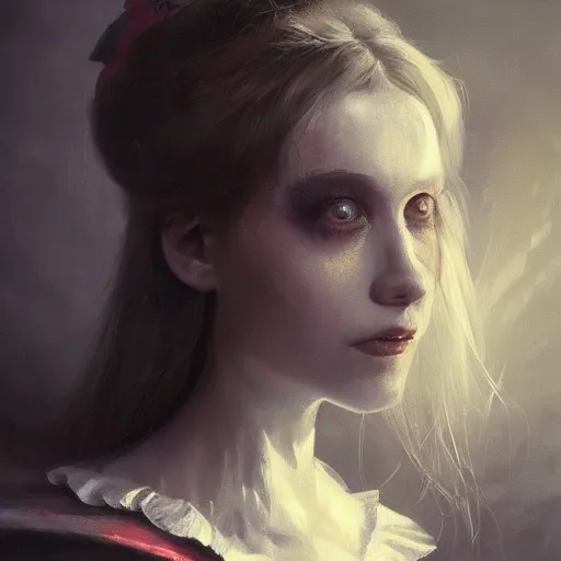 Image similar to closeup portrait of alice in wonderland, dramatic lighting, chiaroscuro, high detail, painted by greg rutkowski, painted by igor kieryluk, painted by bobby chiu, trending on artstation