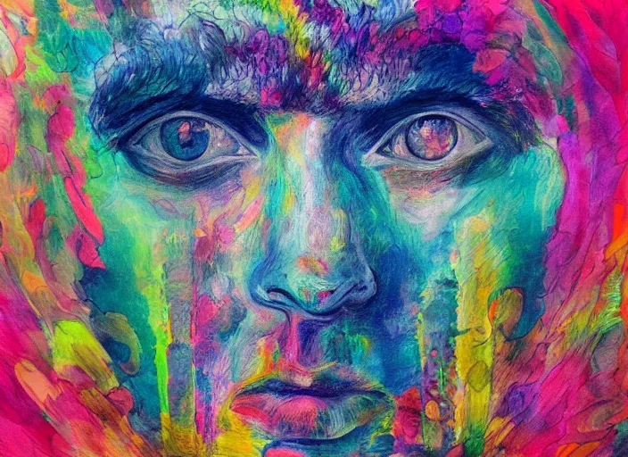 Prompt: a wise man with a bright light in his eyes sits under the water column, face apocalypse, colorful, in the style of lisa yuskavage, frantisek kupka, intricate, miles, johnsto