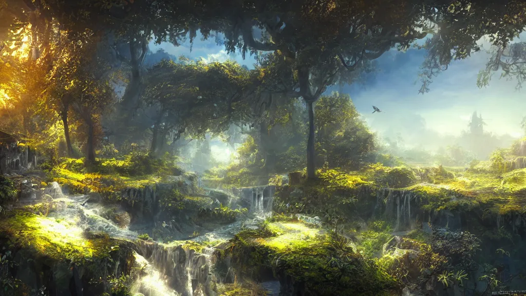 Image similar to fantasy desktop background, painting, magical, landscape, intricate and detailed environment, raytracing, compute shaders, soft lighting, sharp focus