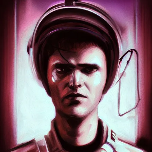 Image similar to portrait painting of a science fiction character space mechanic, retrowave noir, in the style of casey baugh and james jean, hyper realistic face, photorealistic face