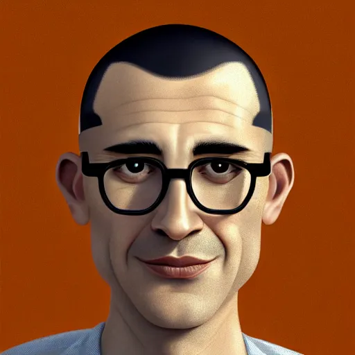 Prompt: 50 year old black haired man with very short hair, buzz cut, round face, round face, round jaw, wide chin , romanian, silver silver glasses, romanian heritage, brown eyes, brown eyes, olive skin, round nose, round chin, clean shaven wide face,smiling, thin lips, digital art, concept art, cgsociety, painterly, painting, 8k, illustration, painting, dramatic, beautiful, art by loish loish loish, cartoon, stylized painterly, trending on artstation, medium shot, uncropped