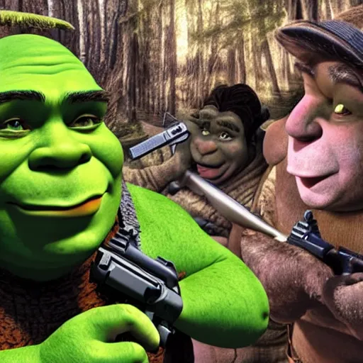 Prompt: shrek engaged in militia combat