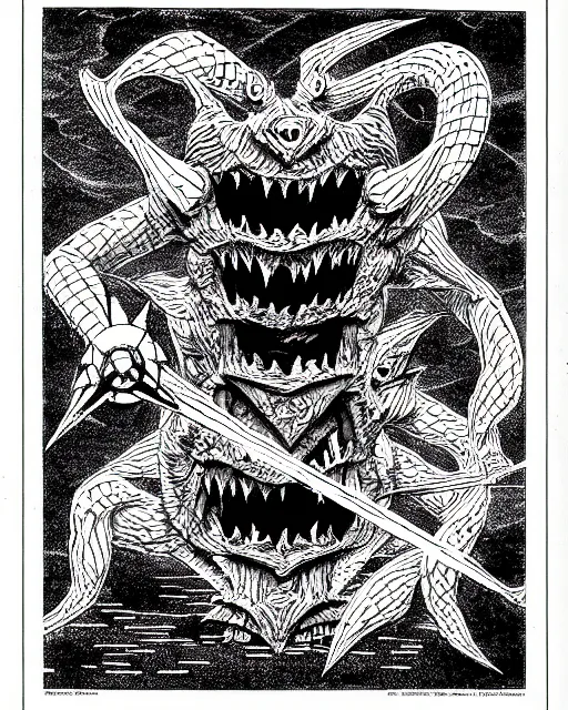 Prompt: the pokemon missingno as a d & d monster, pen - and - ink illustration, etching, by russ nicholson, david a trampier, larry elmore, 1 9 8 1, hq scan, intricate details, high contrast