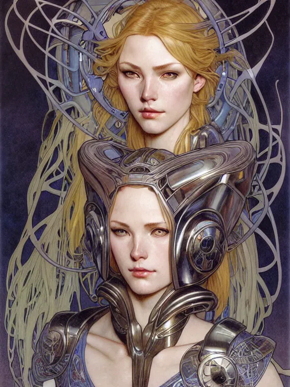 Prompt: realistic detailed face portrait of one sublime beautiful norse heroine with alien cyberpunk armor, minimal sleek design armor style, by moebius, alphonse mucha, ayami kojima, amano, greg hildebrandt, and mark brooks, feminine, sexy, female, seductive, art nouveau, cyberpunk, neo - gothic, gothic, character concept design,