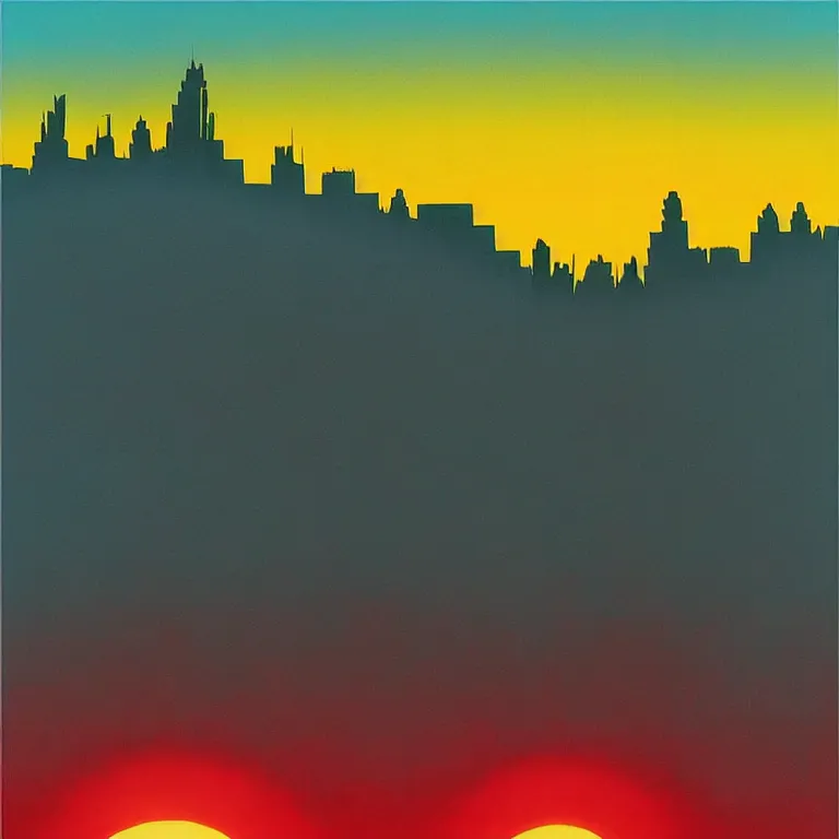 Image similar to birdseye view of a sunrise over a city, art by eyvind earle