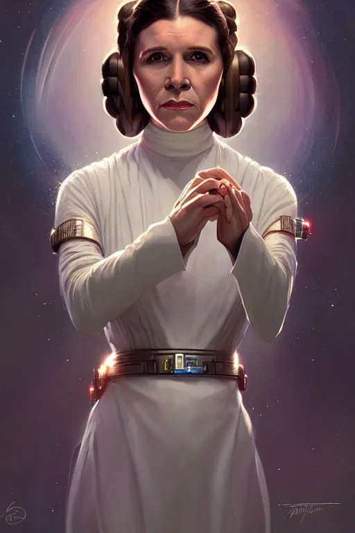 Image similar to portrait of princess leia, star wars, upper body, fantasy, intricate, elegant, highly detailed, digital painting, artstation, concept art, smooth, sharp focus, key light, illustration, art by artgerm and greg rutkowski and alphonse mucha