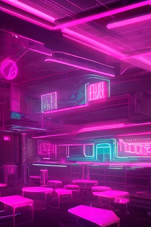 Image similar to cyberpunk synthwave nightclub interior, pink neon lights, futuristic, cgsociety, in the style of artstation