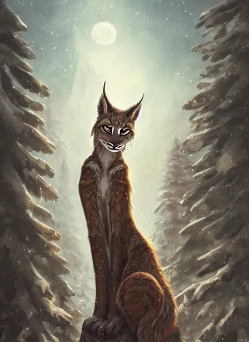 Image similar to anthropomorphic lynx holding a golden intricately decorated shiny scepter, night, spruce trees on the sides, mountains in the background, eerie dark atmosphere, moonlit, back light, fantasy art by charlie bowater and yoshitaka amano, trending on artstation