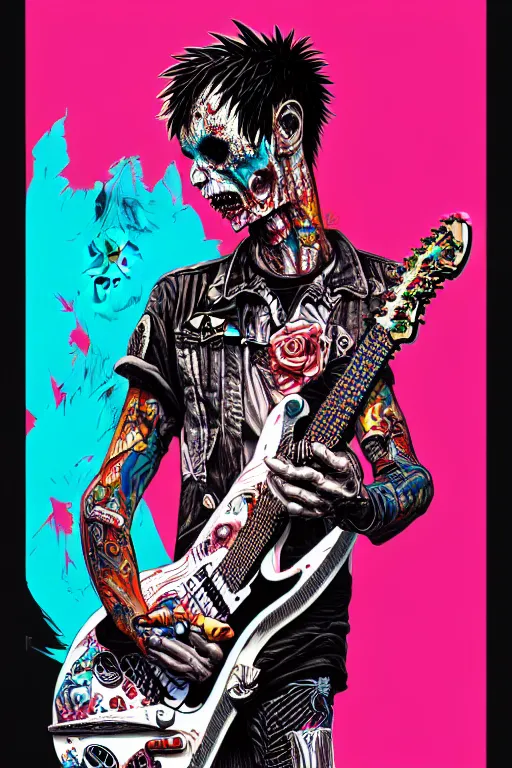 Image similar to risograph of a punk zombie playing guitar, tristan eaton, victo ngai, artgerm, rhads, ross draws, intricated details