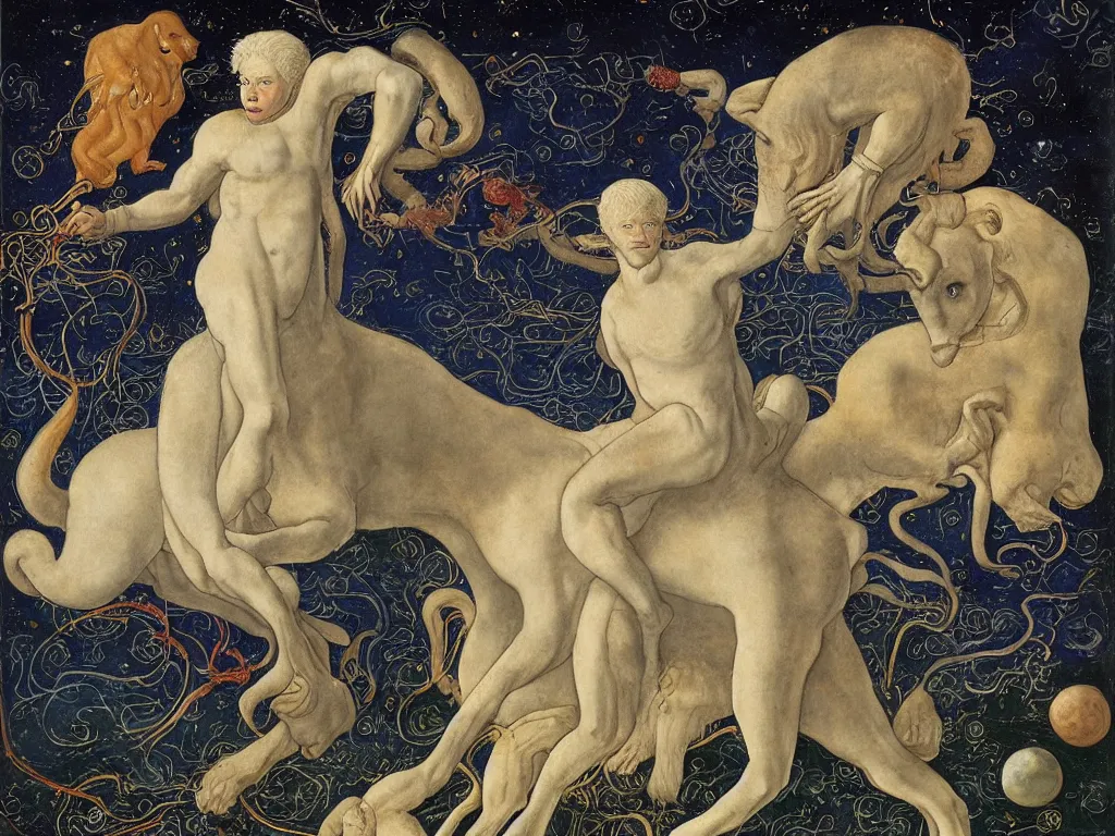 Prompt: Portrait of an albino man with animals on Neptune a million years ago. Painting by Lucas Cranach, Moebius.