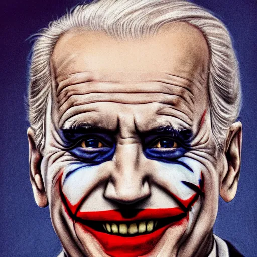 Image similar to portrait of joe biden as the joker, symmetrical, nikon 3 5 mm photography, ultrarealistic