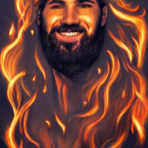 Image similar to art made of fire of a flawless man with long hair, with trimmed beard, smiling widely. fire in a shape of a man, extremely detailed, award-winning art, trending on Artstation