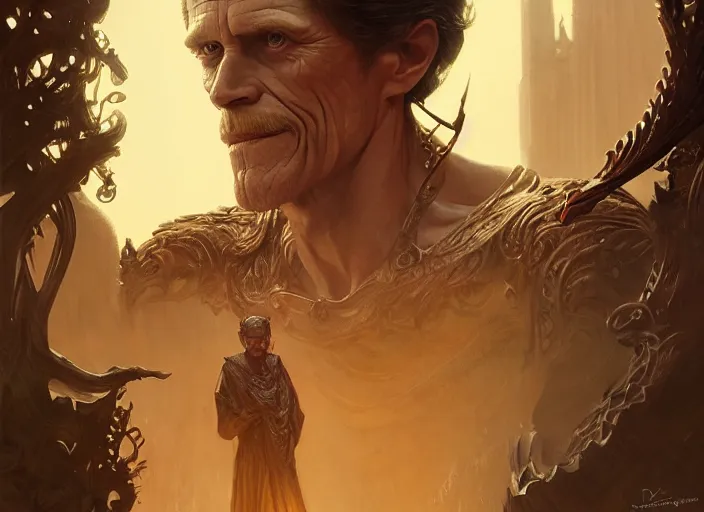 Image similar to williem dafoe as oscar diggs, intricate, d & d, fantasy, art nouveau, digital painting, trending on artstation, sharp focus, illustration, global illumination, ray tracing, art by artgerm and greg rutkowski and ruan jia