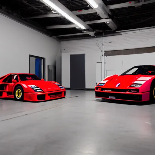 Image similar to wide shot of ferrari f 4 0 under studio lights