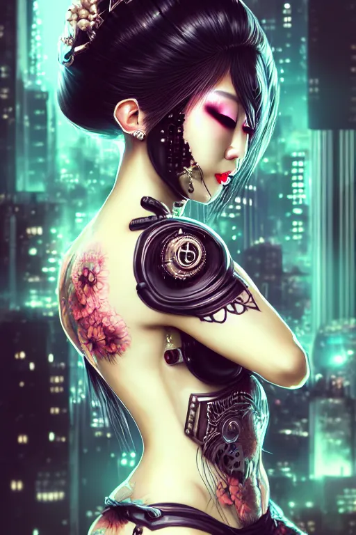 Image similar to soft lustrous ebony asian geisha goddess yakuza biotech raver gutter punk gothic cyborg, cyberpunk city, urban decay, decay, underworld, dark art, highly detailed, digital painting, octane render, artstation, concept art, smooth, sharp focus, illustration, art by artgerm, loish, wlop