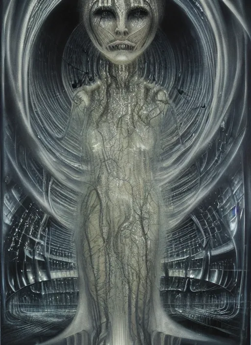 Prompt: in a swirling mist, by h. r. giger, victoria frances, cinematic lighting, crystalline masterpiece incrustations, specular highlights,