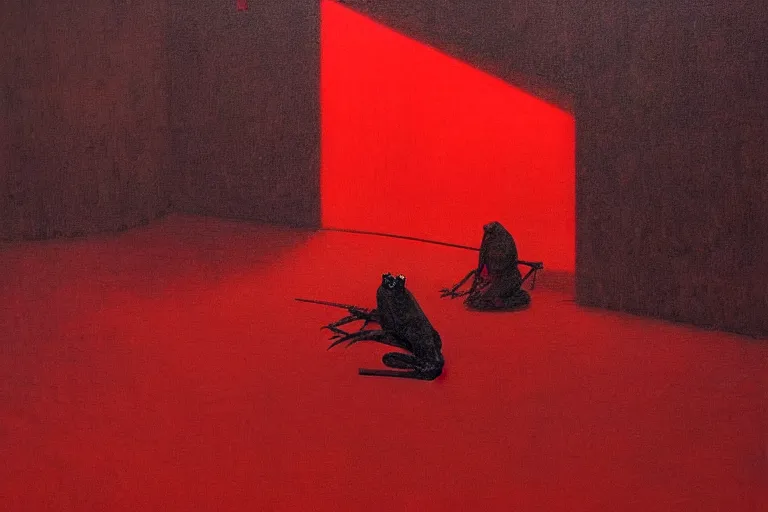 Image similar to only with red, a red samurai harakiri, tokio, a lot of frogs watch, in the style of beksinski, parts by edward hopper, parts by rodcenko, parts by yue minjun, intricate and epic composition, red by caravaggio, insanely quality, highly detailed, masterpiece, red light, artstation, 4 k