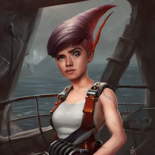Image similar to muscular beautiful female gnome engineer with pixie undercut hair, one prosthetic robot arm, standing on a ship deck, full body portrait, dark fantasy, naval background, D&D, piercing stare, highly detailed, digital painting, HD, ArtStation, great composition, concept art, matte, sharp focus, illustration, in the style of Greg Rutkowski, joyful 4k