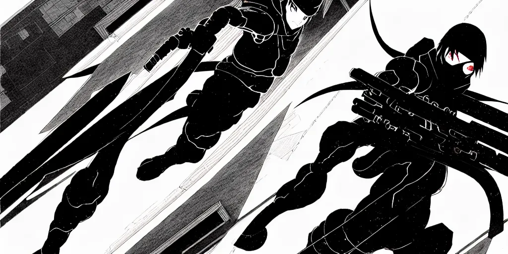 Image similar to high quality illustration of a cyber ninja infiltrating a palace in the style of ghost in the shell and blame and akira, manga, black and white, pencil, traditional art, anime, by katsuhiro otomo and tsutomu nihei and masamune shirow and studio ghilibi and yukito kishiro, highly detailed, sharp lines