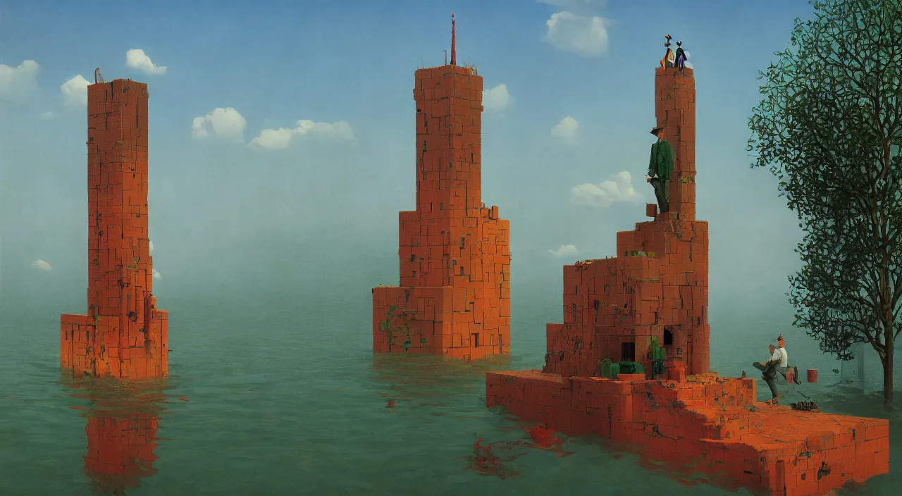 Prompt: single flooded simple floating clay tower, very coherent and colorful high contrast!! masterpiece by rene magritte simon stalenhag carl spitzweg syd mead norman rockwell edward hopper james gilleard, minimalist, dark shadows, sunny day, hard lighting