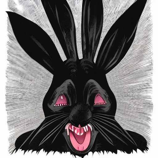 Image similar to A extremely highly detailed majestic hi-res beautiful, highly detailed head and shoulders portrait of a scary terrifying, horrifying, creepy crazy black cartoon rabbit with scary big eyes, earing a shirt laughing maniacally , let's be friends, in the style of Walt Disney