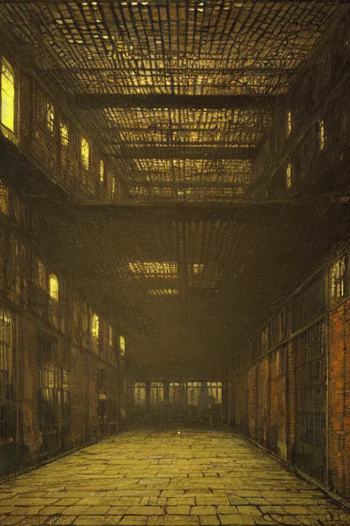 Prompt: a beautiful painting digital of a hall at night with broken windows with wooden crates metal grids by john atkinson grimshaw