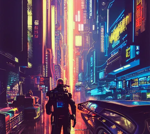 Image similar to a portrait of a cyberpunk epic Friday night firefight, Night City, cyberpunk 2077, very very coherent painting, 1979 OMNI Magazine Cover, street level neo-Tokyo in Cyberpunk 2045 style by Vincent Di Fate by mark arian by artgerm, 4k, 8k, HD, trending on artstation