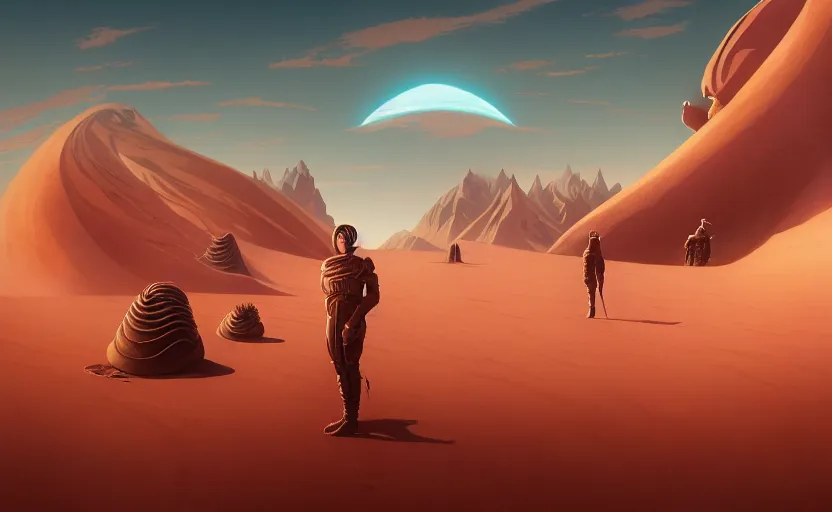 Image similar to highly detailed surreal vfx portrait of battle for dune, arrakis, giant sandworms, stephen bliss, unreal engine, greg rutkowski, loish, rhads, beeple, makoto shinkai and lois van baarle, ilya kuvshinov, rossdraws, tom bagshaw, global illumination, detailed and intricate environment