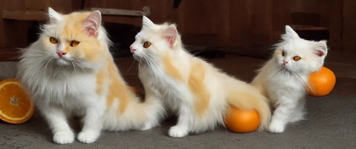 Image similar to white mekong bobtail cat punching an orange persian cat, cinematic