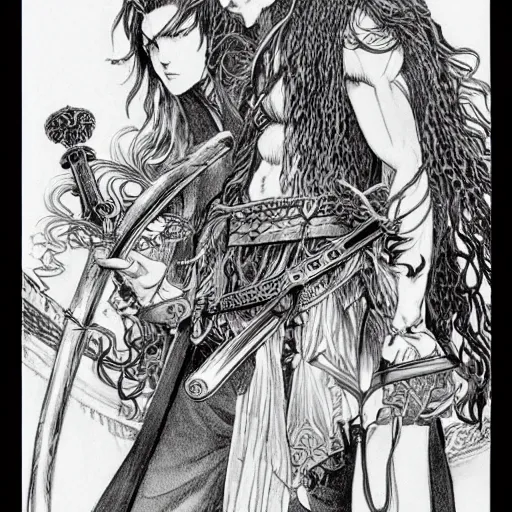 Prompt: highly detailed perspective drawing black and white goetic pen and ink manga panel by hiroya oku!! mucha illustrated sorcerer beautiful attractive long hair chris bell fxv flowing ritual royal!!! vagabond! manga panel swords dramatic esoteric!!!!!! long hair flowing dancing illustrated in high detail by frank miller, shonen jump