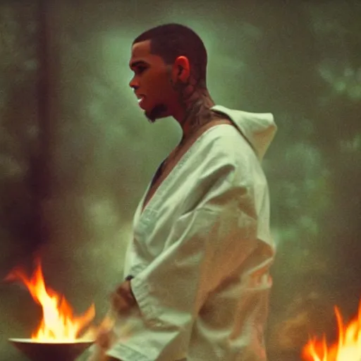 Image similar to cinematic film still of Chris Brown starring as a Japanese Sensei with fire, Japanese CGI, VFX, 2003, 40mm lens, shallow depth of field, film photography