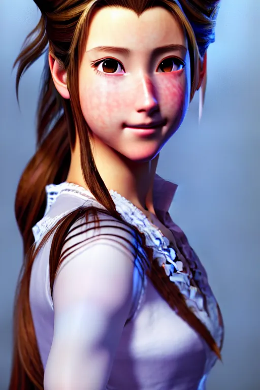 Image similar to subject : detailed full body portrait illustration of aerith gainsborough perfect face, medium : oil on canvas, style : realistic pose study portrait, maximalist, accurate, full color chiaroscuro artist : tetsuya nomura, 4 k, focus : full body and head