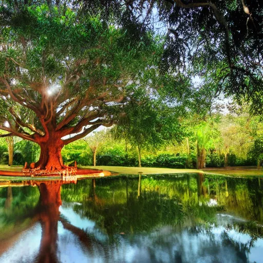 Prompt: banyan tree in front of pond ,cinematic ,16:9 ratio