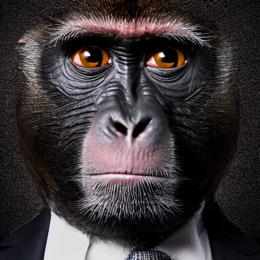 Image similar to high quality portrait of a monkey wearing black suit, studio photograph, photograph, realistic photo, 8k photo, 4k photo, stock photo, high resolution, cinematic shot, high detail