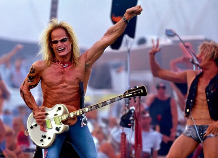 Image similar to photo still of david lee roth at the woodstock 9 9!!!!!!!! at age 3 6 years old 3 6 years of age!!!!!!!! on stage in spandex, 8 k, 8 5 mm f 1. 8, studio lighting, rim light, right side key light