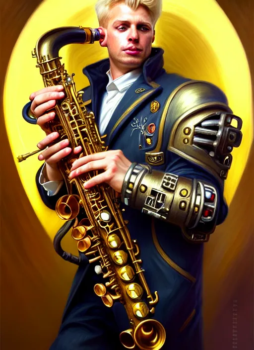 Image similar to portrait of a blond man playing sax, warhammer 40000, cyberpunk, intricate, elegant, highly detailed, digital painting, artstation, concept art, smooth, sharp focus, illustration, art by artgerm and greg rutkowski and alphonse mucha and Gustav Klimt