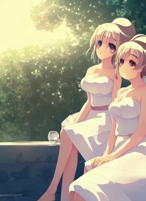 Image similar to two beautiful mothers sitting on a hot summer evening, white dress, gorgeous faces, thick lines, cinematic lighting, detailed anime art,