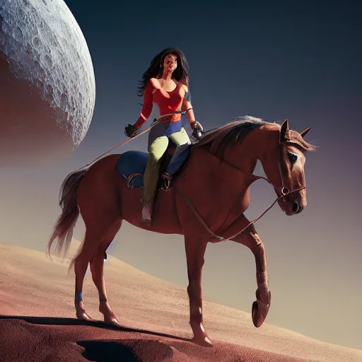 Prompt: A hyper real comic book style portait painting of Annita riding a horse on the moon, unreal 5, hyperrealistic, octane render, cosplay, RPG portrait, dynamic lighting