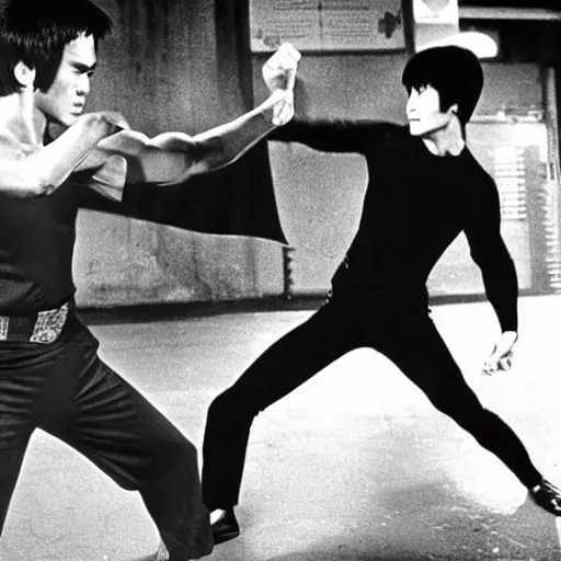 Image similar to a photo of bruce lee versus batman