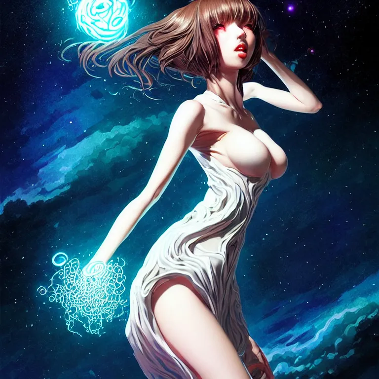 Image similar to azathoth girl wearing dress made of milky way, seductive pose, full body, occlusion shadow, specular reflection, rim light, unreal engine, artgerm, artstation, art by hiroaki samura and ilya kuvshinov and ossdraws, intricate, highly detailed 8 k, cosmic horror illustration, extremely beautiful face and body
