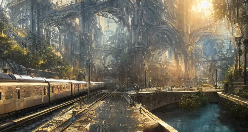 Image similar to An urban train rides inside of a waterway on a fantasy city, next to a fountain and a mystical palace,, hyperdetailed, artstation, cgsociety, golden hour 8k